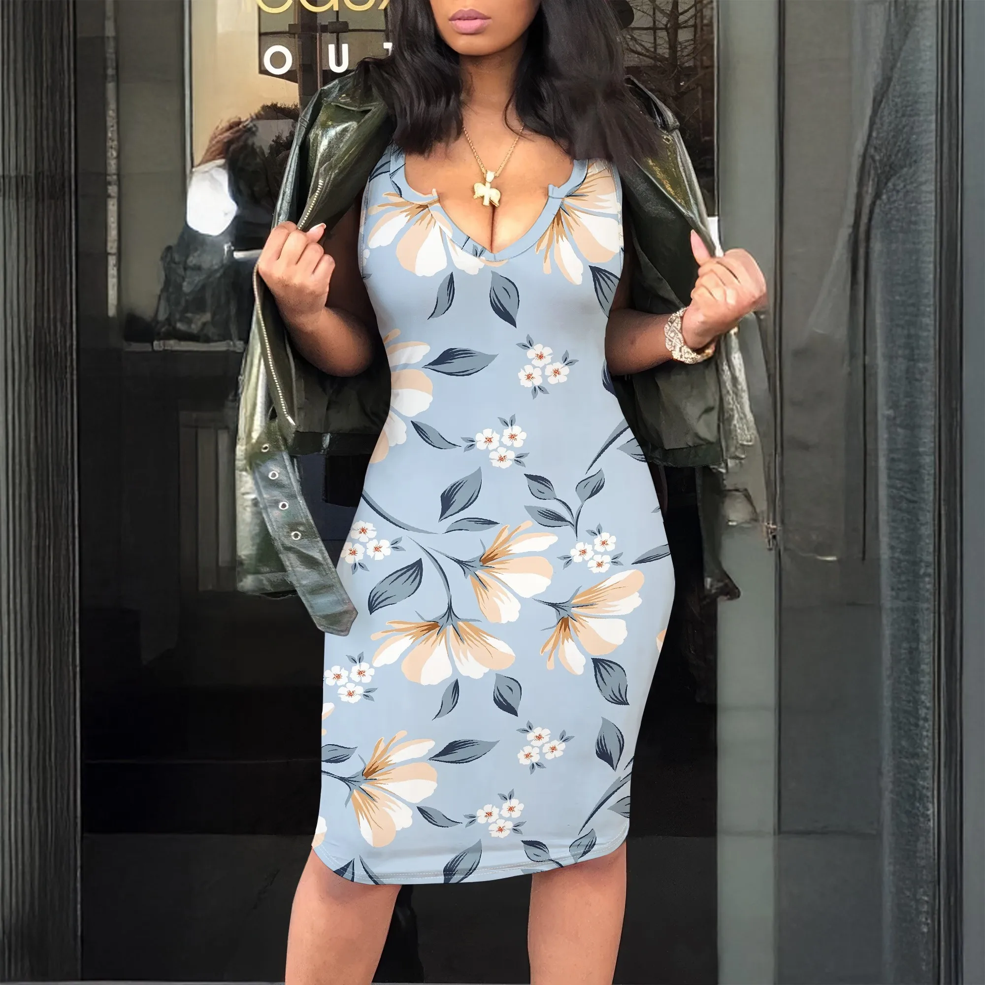 

Floral V-Neck Dress, Sleeveless Bodycon Dress, Summer Casual Wear, Beach Party Outfit, Women's Fashion S-2XL