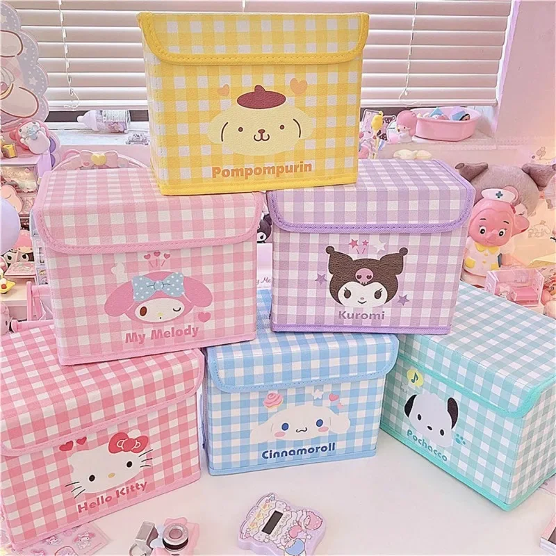 Sanrio Kawaii Storage Box Anime Cinnamoroll Melody Kuromi cestino portaoggetti pieghevole coperchio diviso scatole di smistamento Sundry Organizer