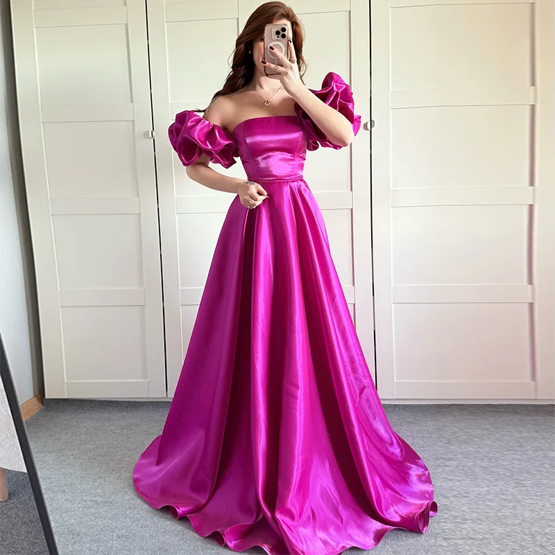 

american women's clothing2025Spring New Elegant Strapless Puff Sleeve High Waist Slimming Off-Shoulder Dress Long Dress