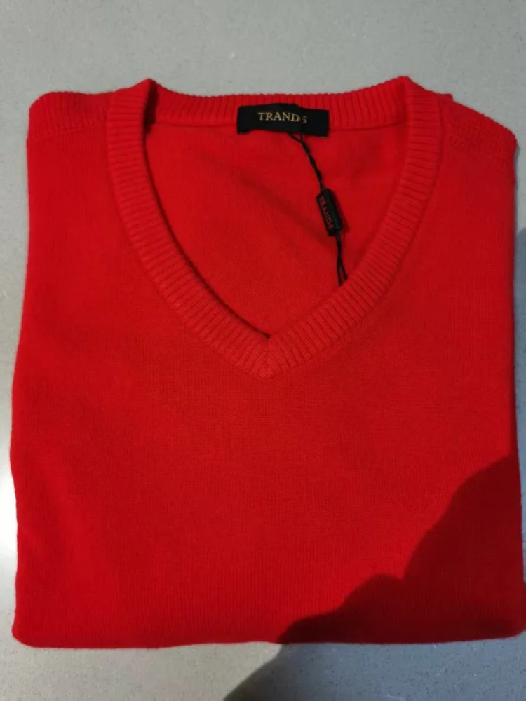 

Мужской шерстяной свитер TRA Brand, высококачественный, красный, прямого кроя, деловой стиль, с длинным рукавом, V-образный вырез, вязаный трикотаж