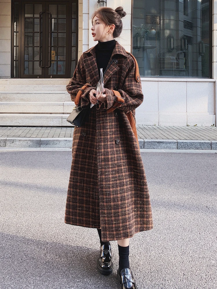 Fashion Women Woolen Plaid Coat Lapel Long Sleeves Belt Loose Single Breasted Pockets Overwear Coats Autumn 2023 New