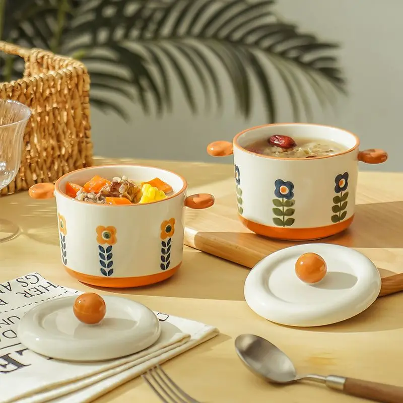 Enamel Milk Pan with Lid Vintage Ceramic Bird's Nest Special Stew Pot One Person Eating Bowl Household Stewing Soup Stewing Jar