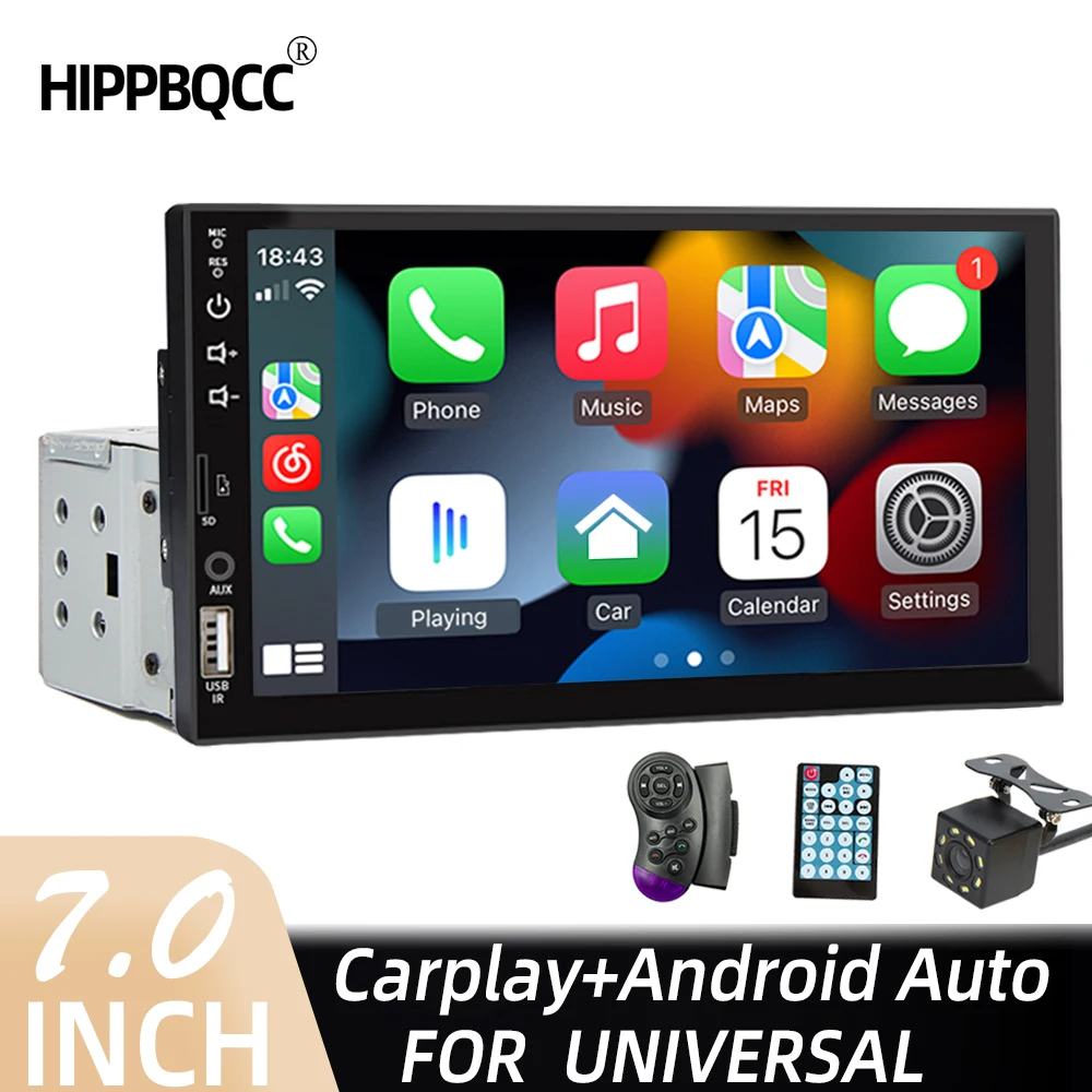

HIPPBQCC 7" 1 Din Car Radio Carplay Android Auto Multimedia Player HD Touch Screen FM AUX Input Bluetooth MirrorLink Universal