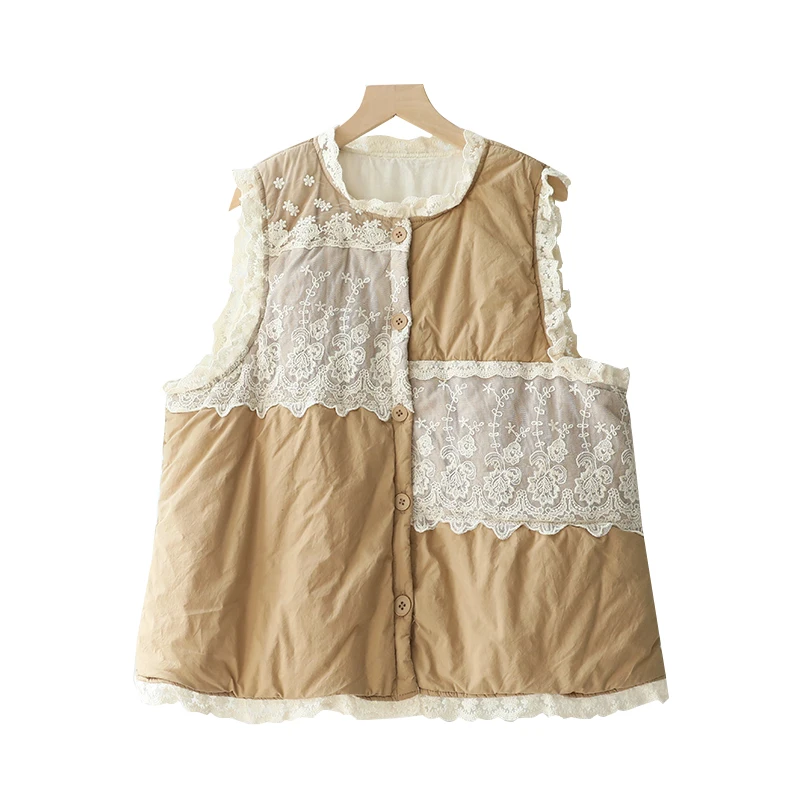 Autumn new Sweet Lace Stitched Outerwear Vest Women Single Breasted Vest Sleevelss Top Y0930-6