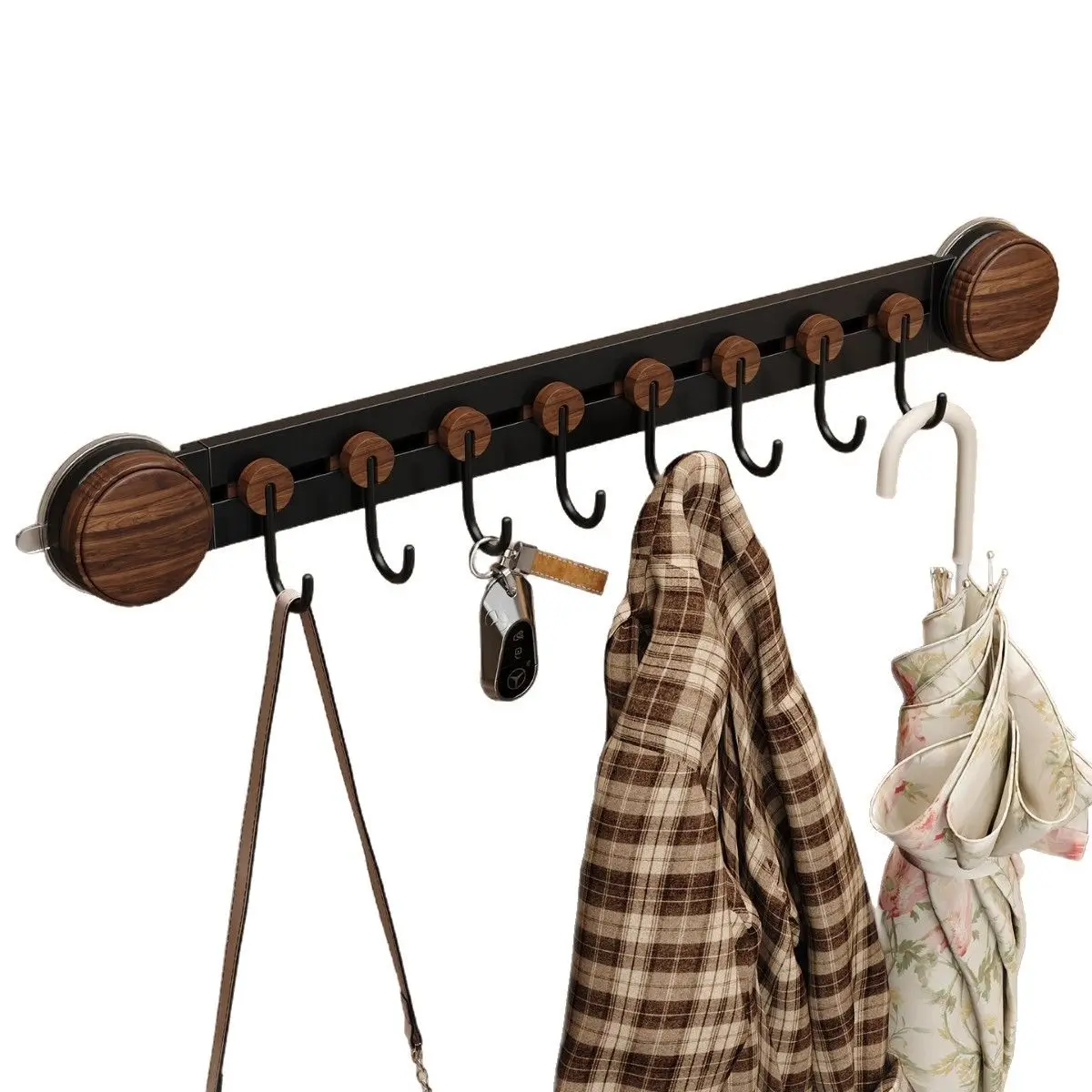Wood Grain Adhesive Wall Hook Rack Heavy Duty 8 Hooks Black Metal Coat Hanger for Bathroom Bedroom Entryway Door Wall Mounted