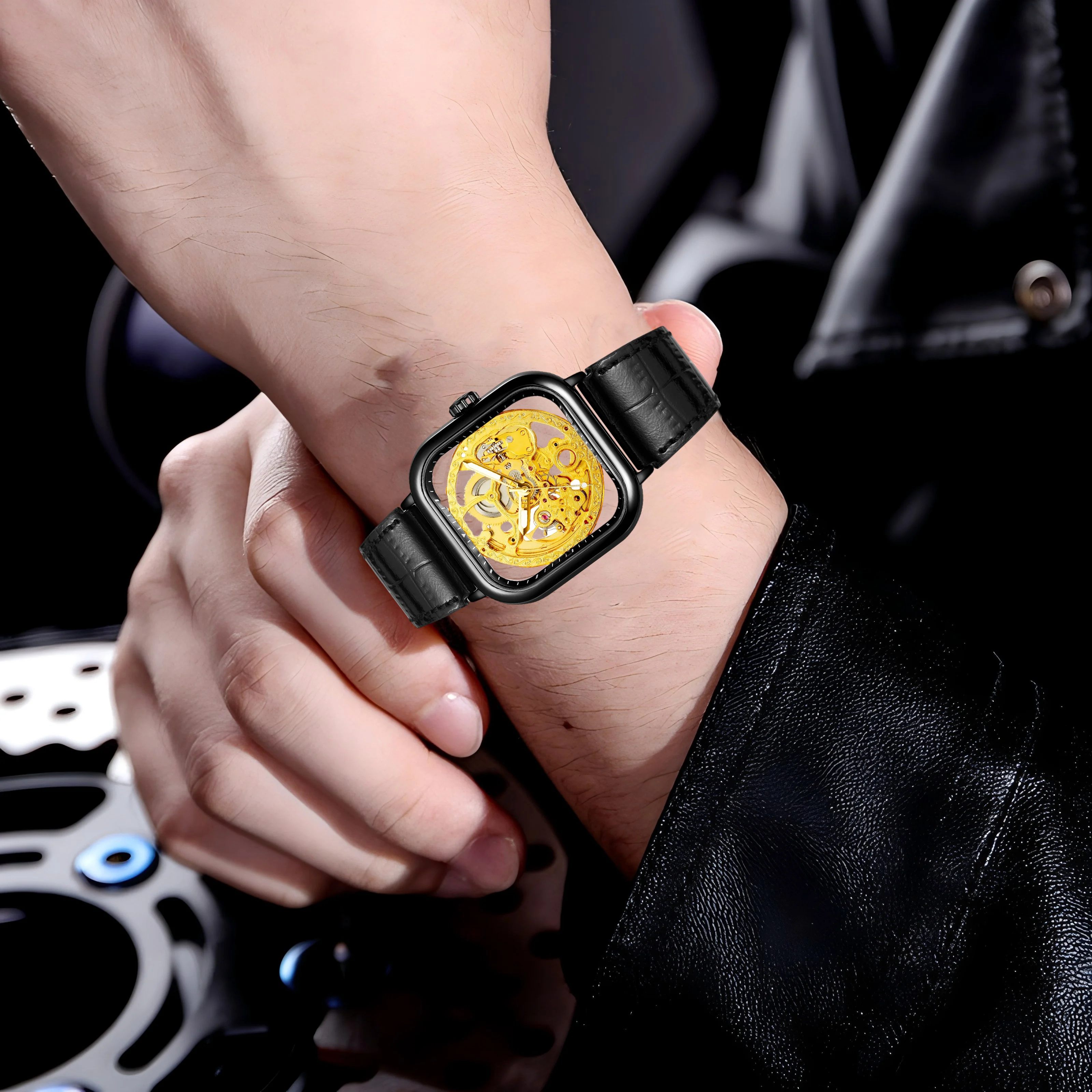 Forsining gravado caso quadrado relógios masculinos esqueleto automático mecânico luminoso mãos preto pulseira de couro genuíno homem relógio