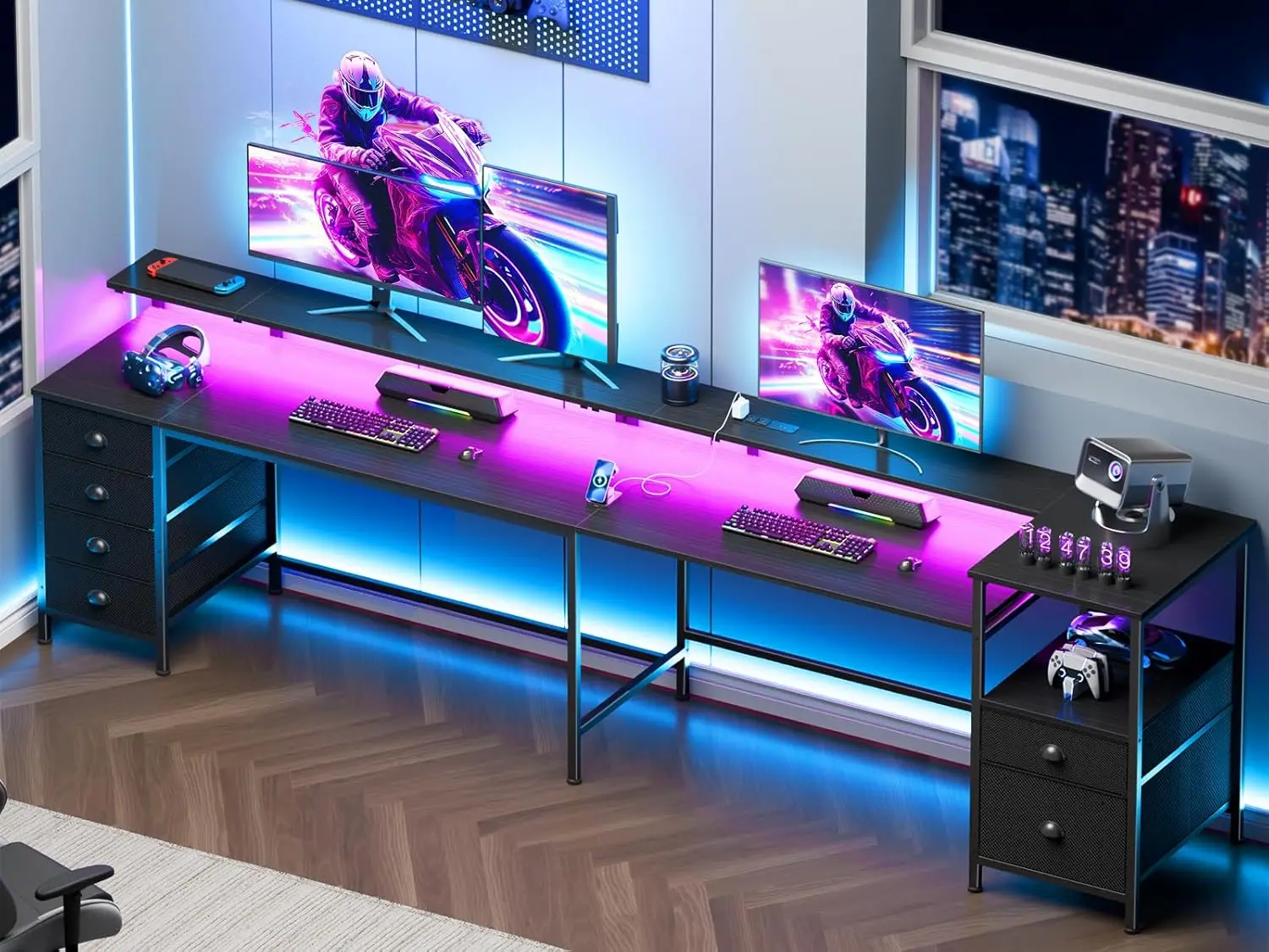 95" 2 Person Gaming Desk with 6 Drawers Storage Shelves Power Outlets LED Monitor Shelf Black Customized