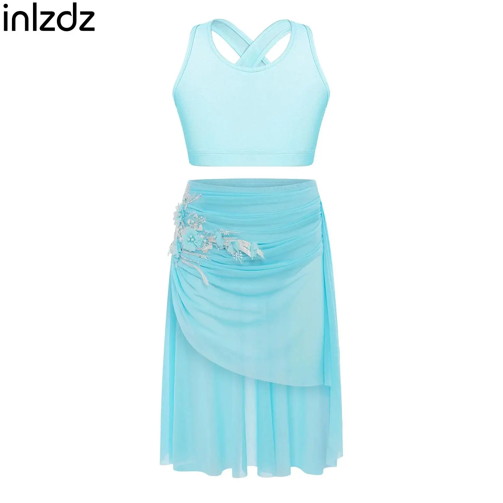 

Kids Girl Modern Lyrical Dance Costume Outfit Gymnastics Figure Skating Performance Set Sleeveless Tops+Applique Skirts Sets