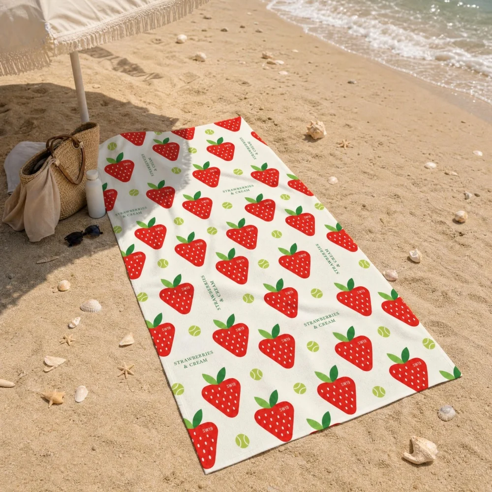 Microfiber Quick Dry Beach Towel Cute Red Strawberry Fruit Dot Repeat Print Large Sand Proof Pool Blanket Summer Travel Towel