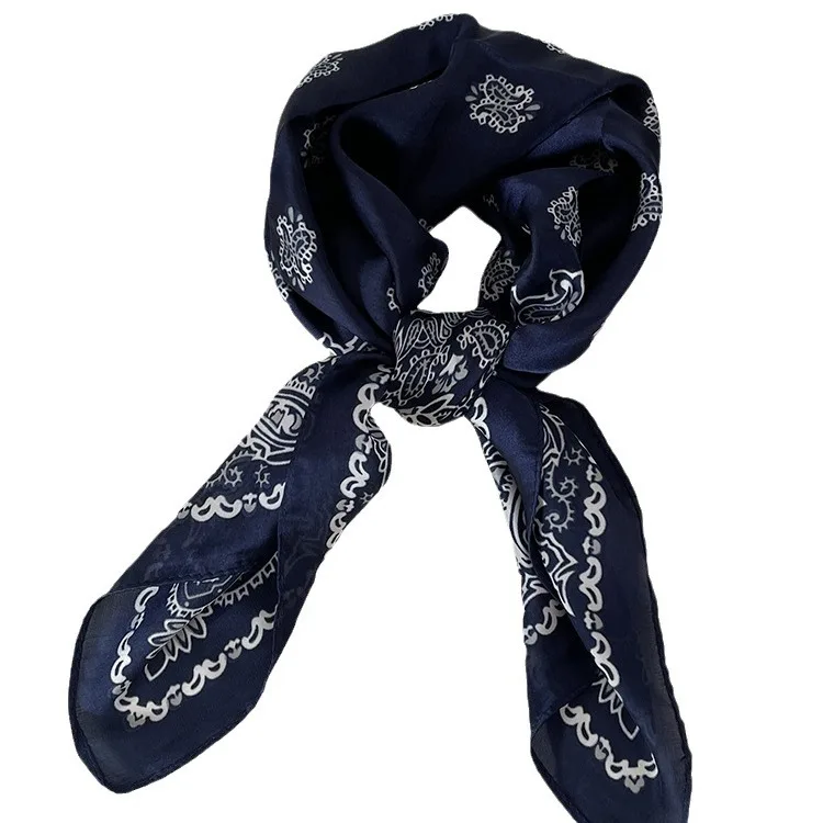 Vintage Blue Silk Square Scarf Women Satin Shawl Wrap Hijab Female Hair Band Wrist Luxury Headkerchief 70*70cm Echarpe Bandana