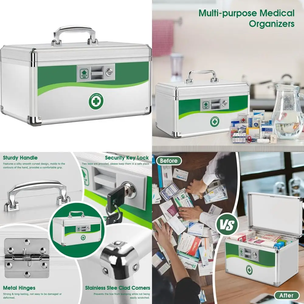 

Secure Medication Storage Box - Layered Aluminum First Aid Lockable Pill Organizer, 14x8.46x7.48 for Daily Use