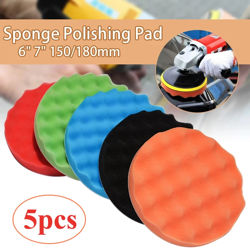 5Pcs 5/6/7Inch Car Polisher Polishing Sponge Pad Kit Auto Waxing Beauty Tool 125/150/180mm Buffing Pads Cleaning and Maintenance