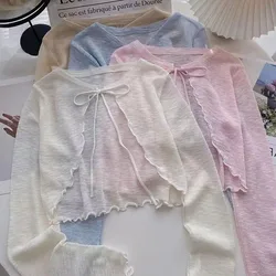 2025 Summer Women Thin Sunscreen Cardigan Solid Color Bow Lace Up Long Sleeve Crop Top Woman Korean Style Sun Protected Knitwear