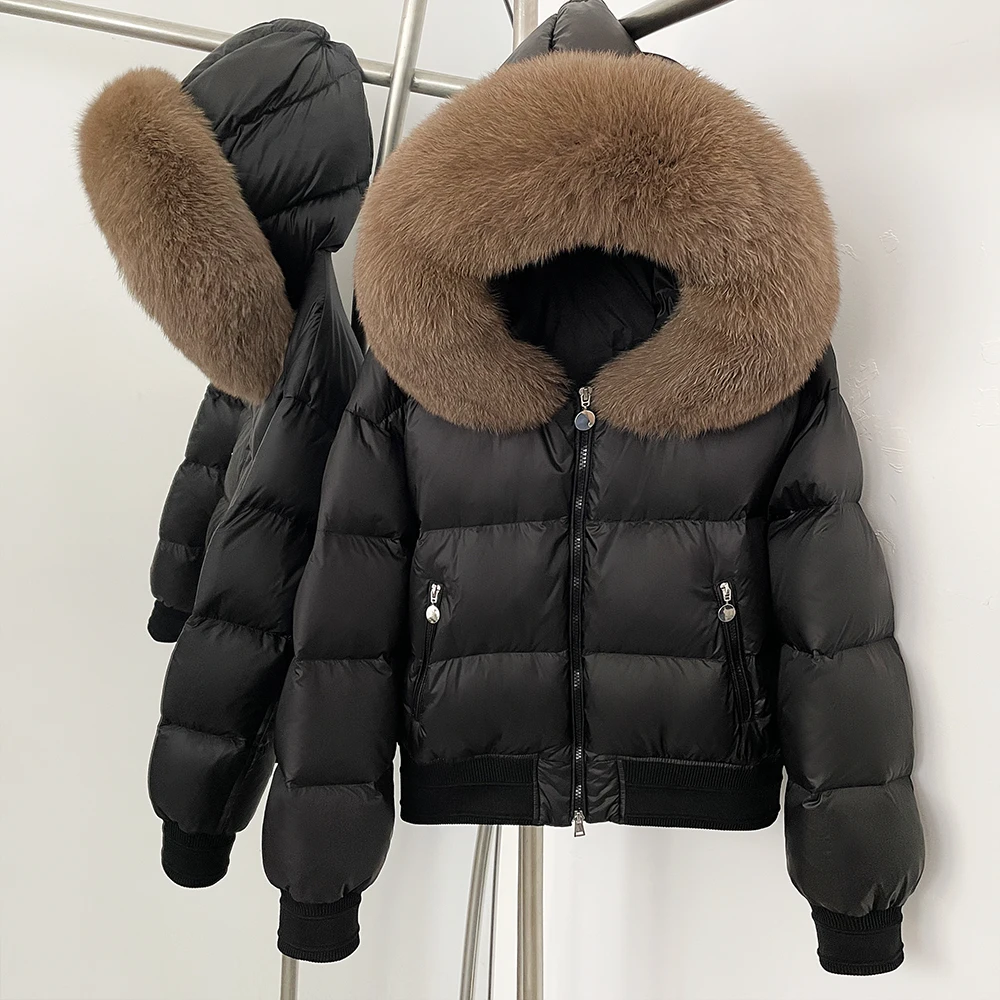 Women New Winter Real Fur White Duck Down Coat Big Natural Raccoon Fur Fluffy Puffer Jacket Knit Cuff Real Fur Collar Top Jacket