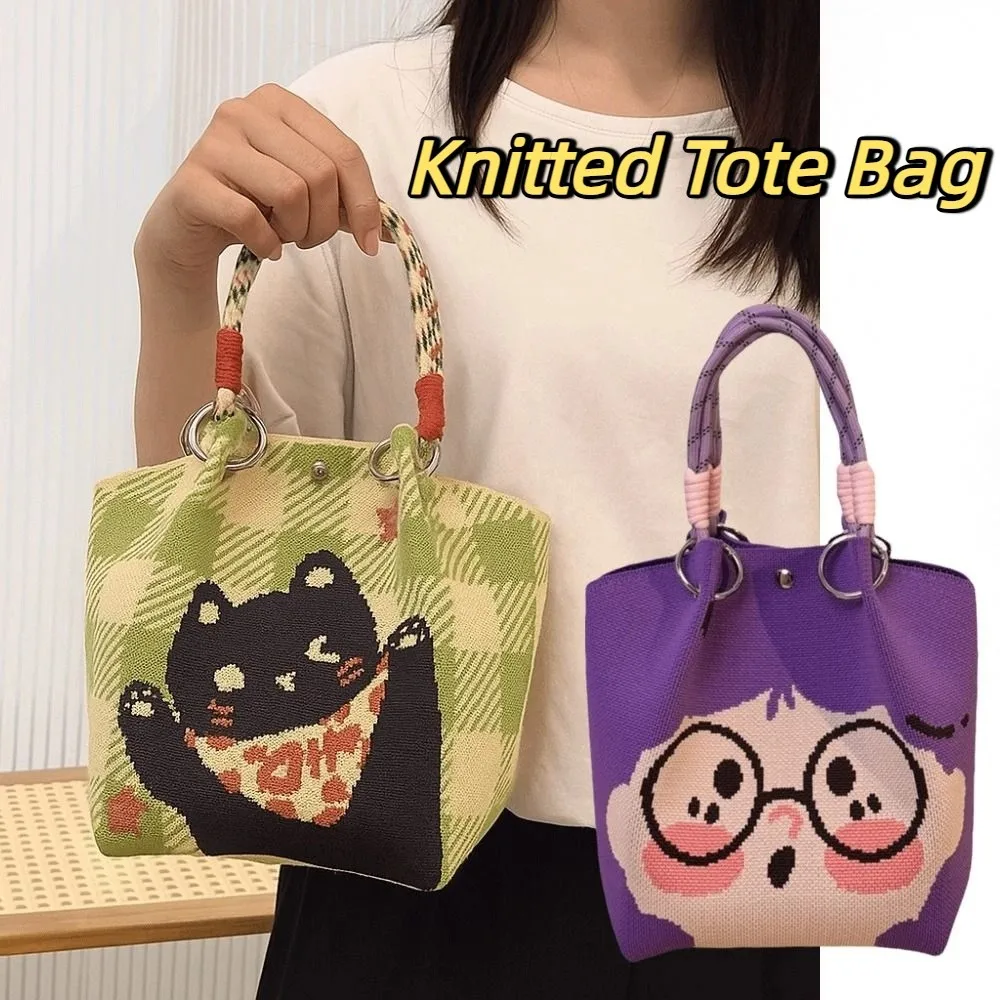 

Casual Cat Knitted Tote Bag Bear Printed Cartoon Knitted Handbag Weave Purse Wool Bucket Bag Student