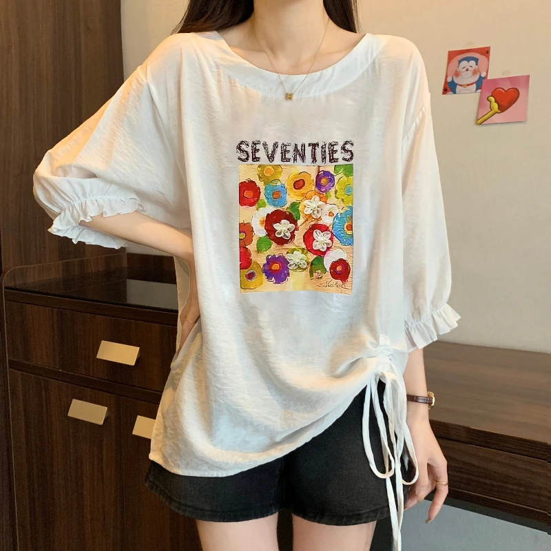 

Plus Size Summer Korean Sweet Youthful Cover-Up Drawstring Short Sleeve Chiffon Blouse Women