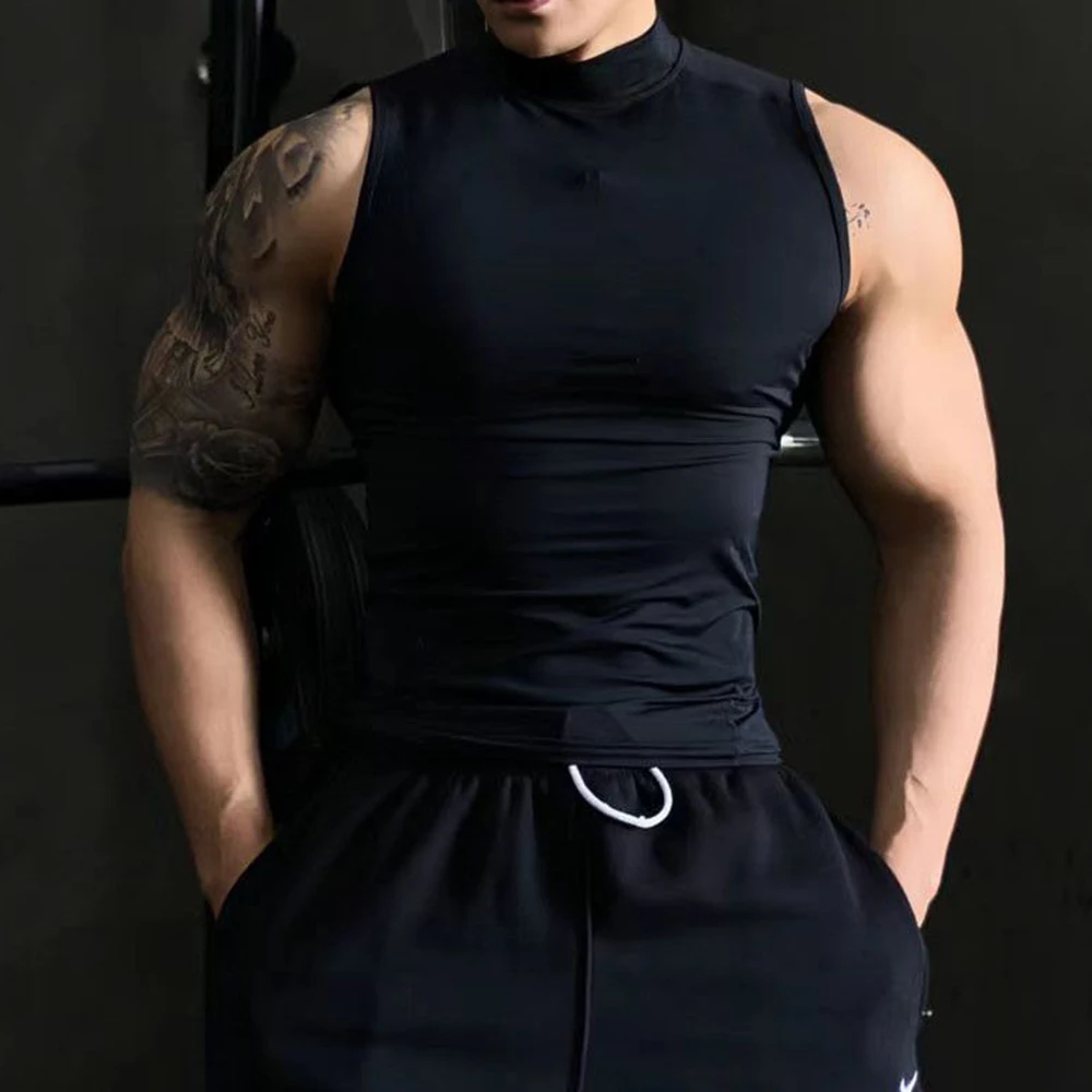 Gym Sleeveless Vests Workout Tank Top Sexy Men Bodybuilding Tight Singlet Fitness Muscle Man Sports Sweatshirt Mock Neck Clothes