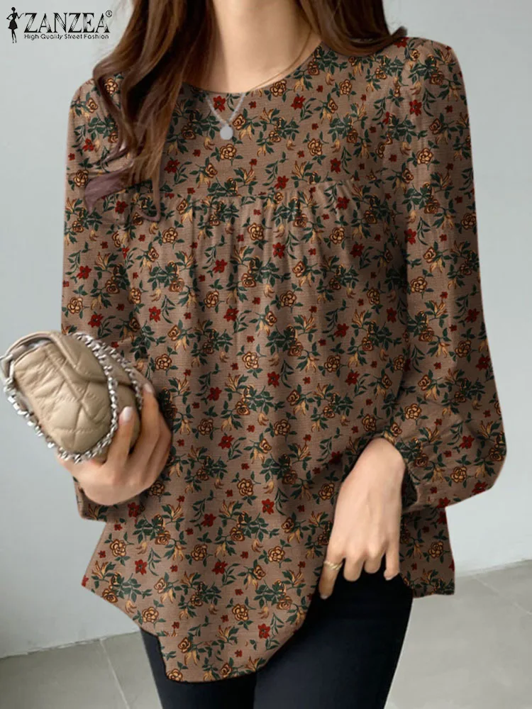 

ZANZEA Casual Loose Floral Print Blusas Mujer Women Ruffled Elegant Long Puff Sleeve Blouses Autumn 2024 Cotton Shirts Tops