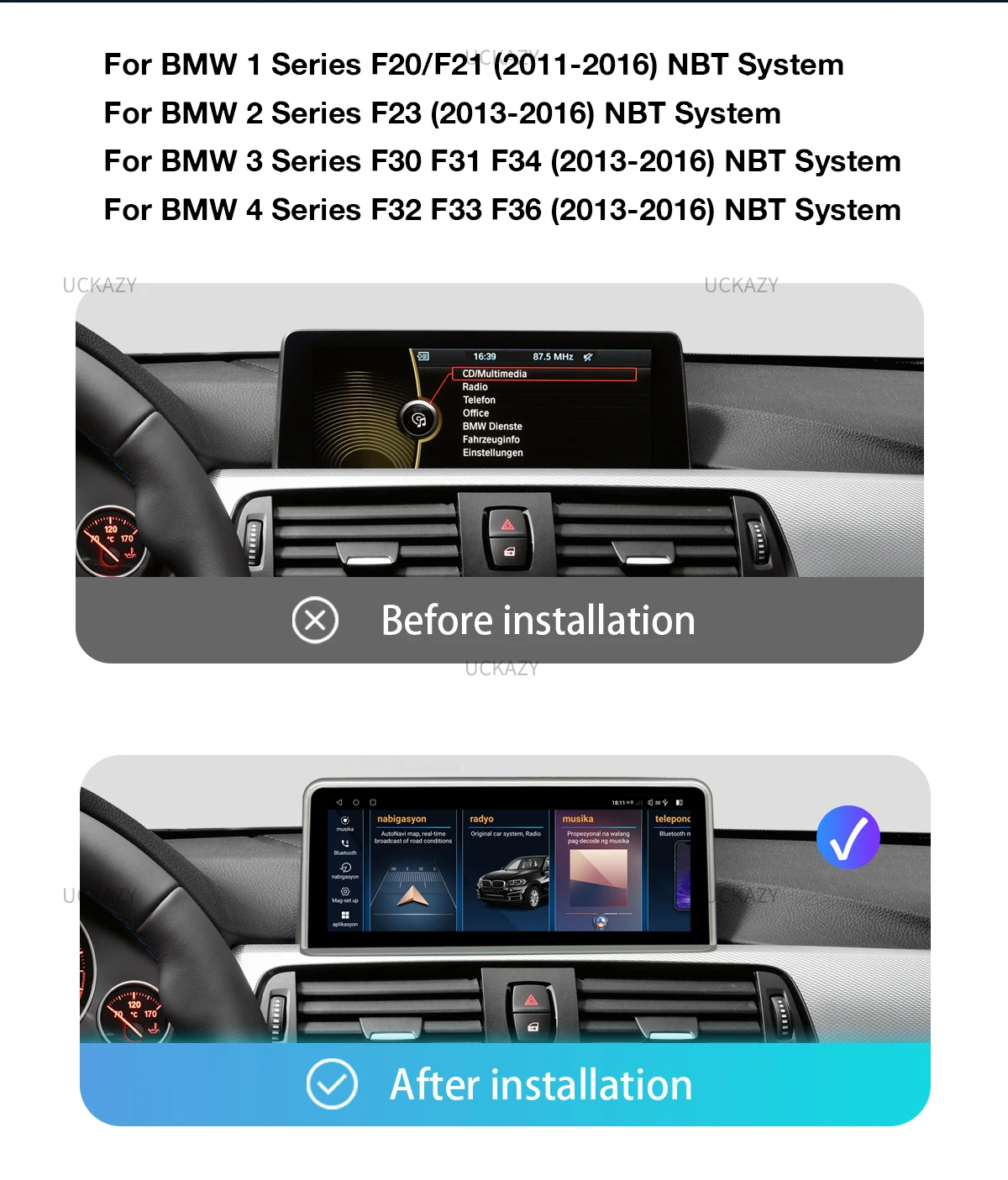 Uckazy 8-Core Wireless Carplay For BMW 3/4 Series F20 F21 F22 F30 F31 F32 F33 F34 F36 Android 13 GPS Car Multimedia Player