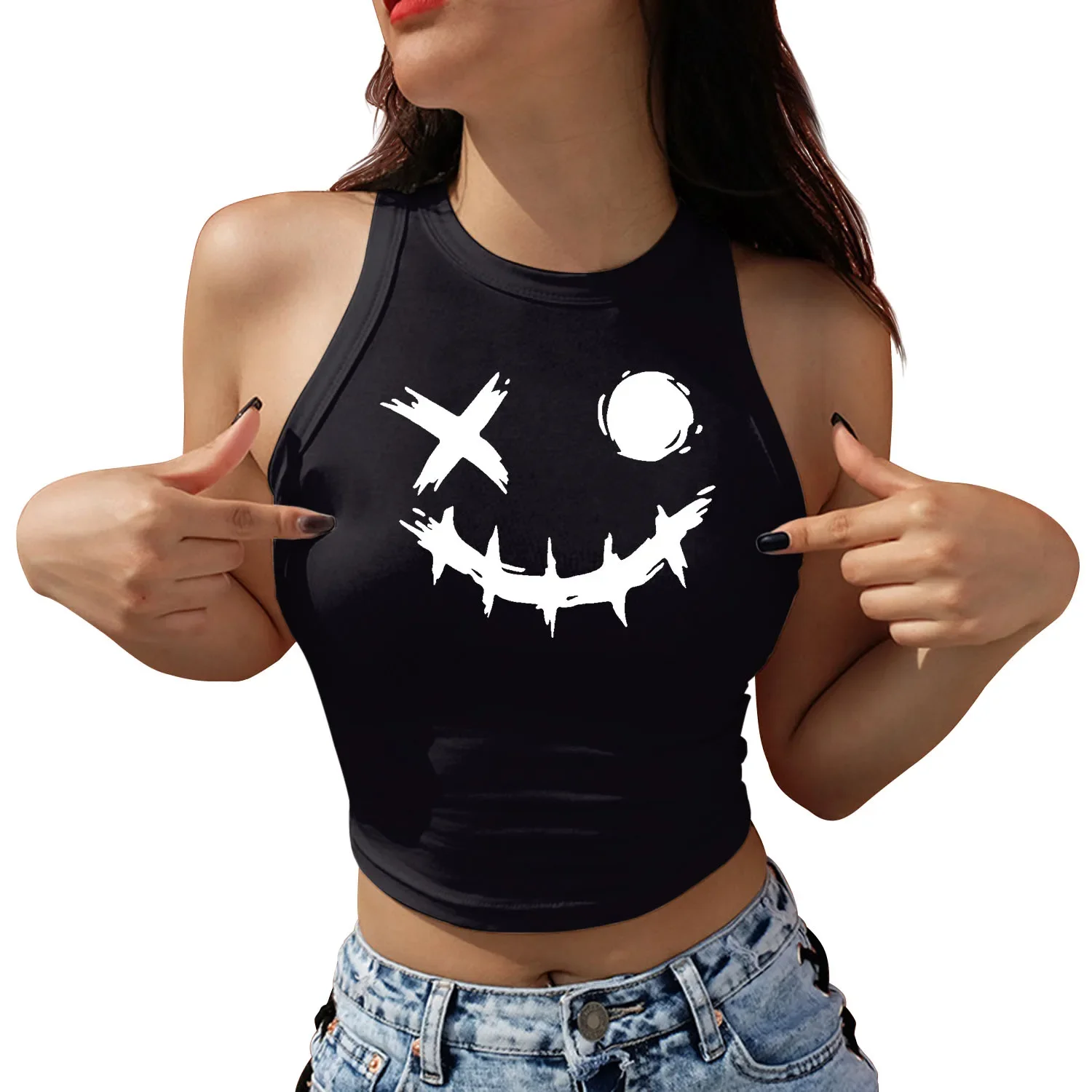 2024 Halloween Women Summer Sleeveless Crop Top Y2k Gothic Skeleton Pumpkin Skull Printed Streetwear Fitness Tops Tees