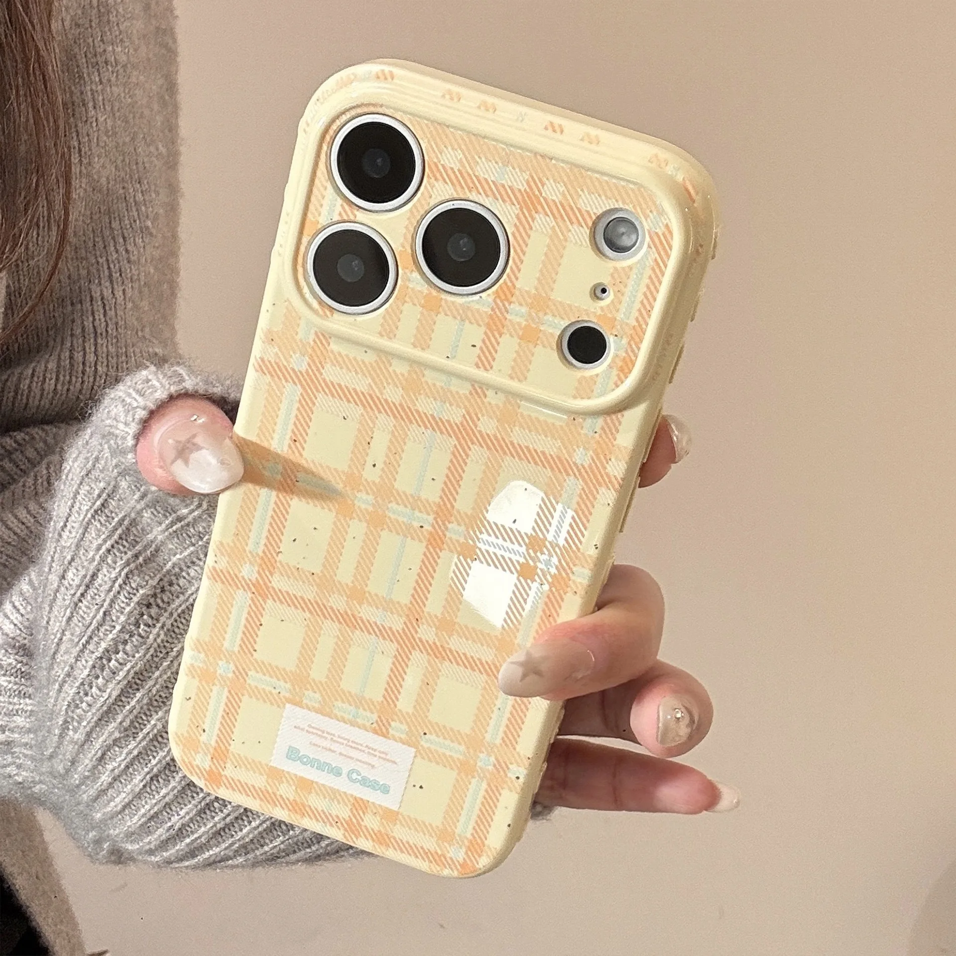 

Ins Korean Pink and Yellow Checkered Pattern Phone Case for IPhone 17 16 15 14 13 12 Pro Max Cover with Cute Stand Holder Cases