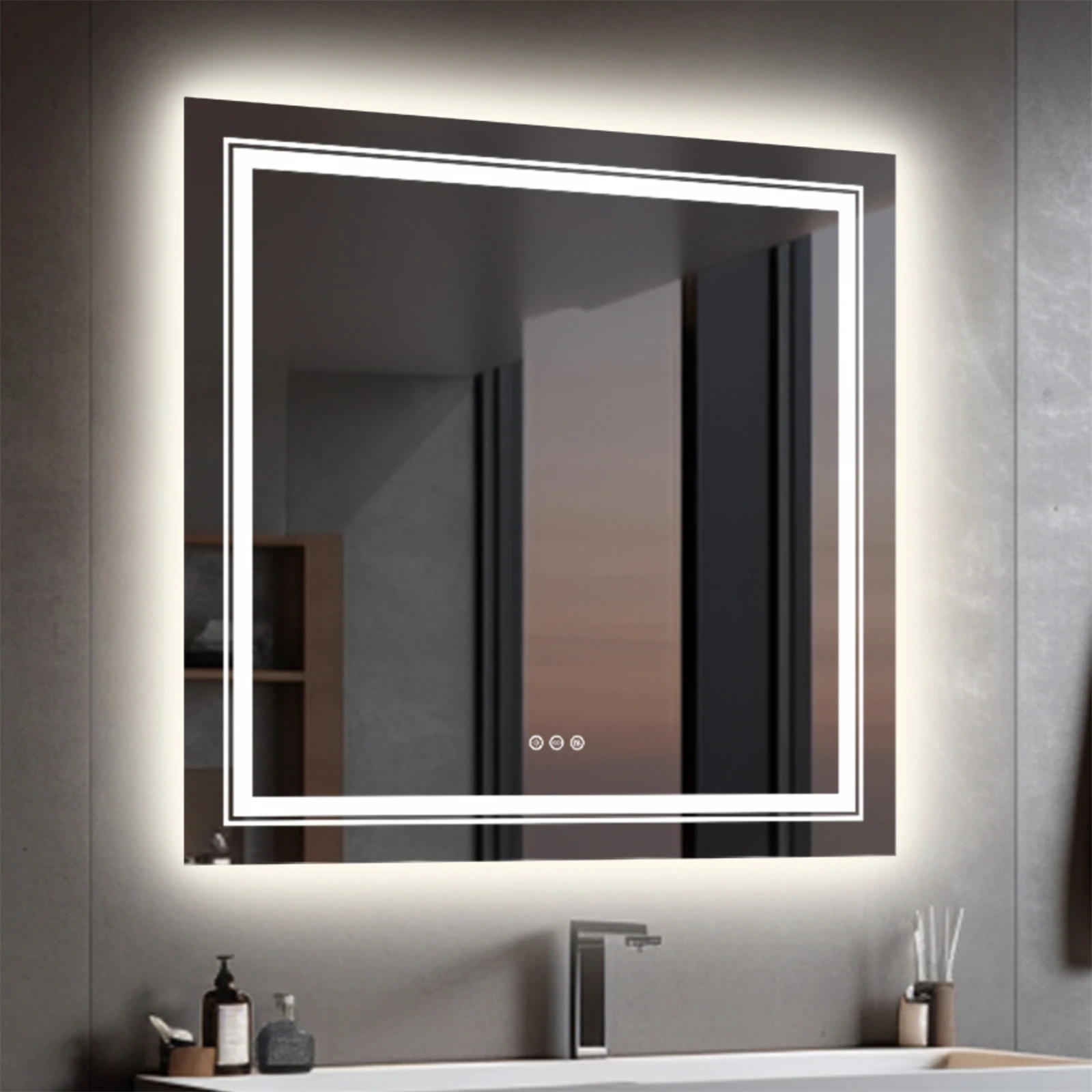 

LED Bathroom Mirror Square Wall Mirror with Dimmable Lighted Touch Sensor and Demister Pad IP65 Waterproof Backlit + Front Light