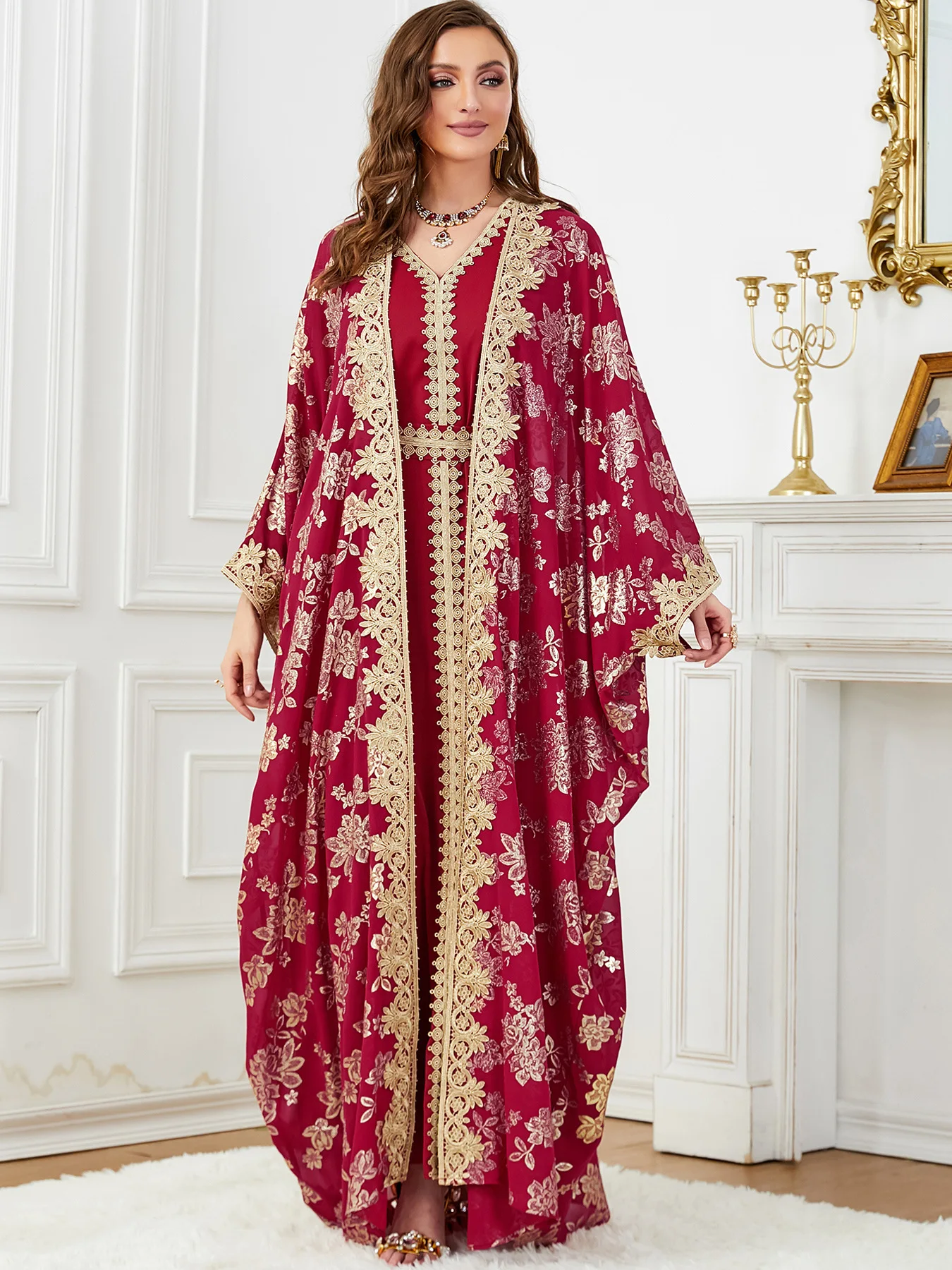 Middle East Abaya Woman Long-sleeved Cardigan and Dress Abaya Robe Gold-stamped Muslim Arab Clothing Two-piece Dress