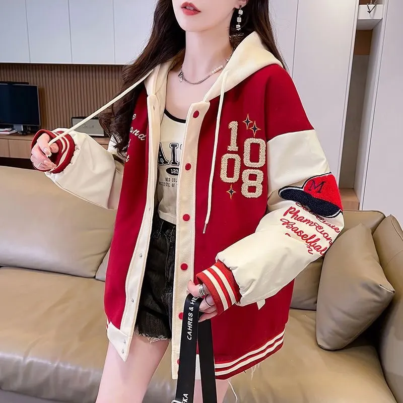 Quilted Coats Baseball Jacket for Girls Autumn Winter New Preppy Style Student American Retro Casual Hooded Winter Jacket Women