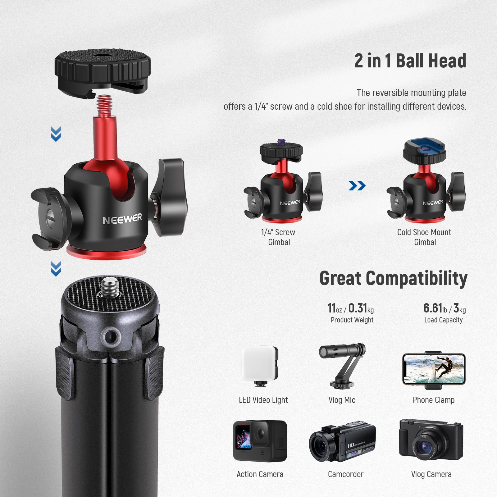 NEEWER Mini Camera Tripod with 360° Adjustable Ball Head and Accessory Shoe Extendable Vlogging Table Tripod For Camera iPhone