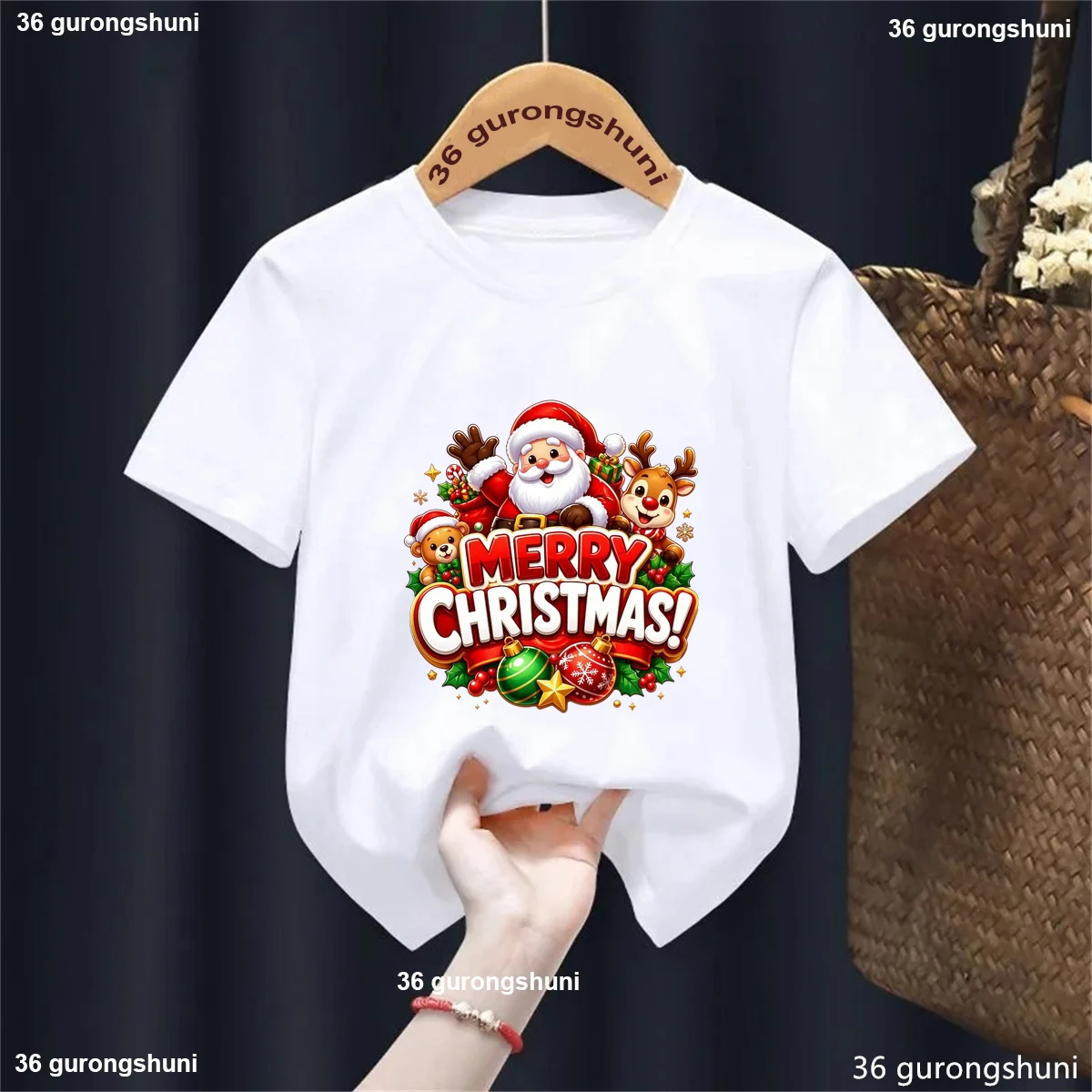 New Kids Merry Christmas T-Shirt Santa Reindeer Bear Graphic Boys Girls Short Sleeve Holiday Party Casual Christmas Shirt Tops