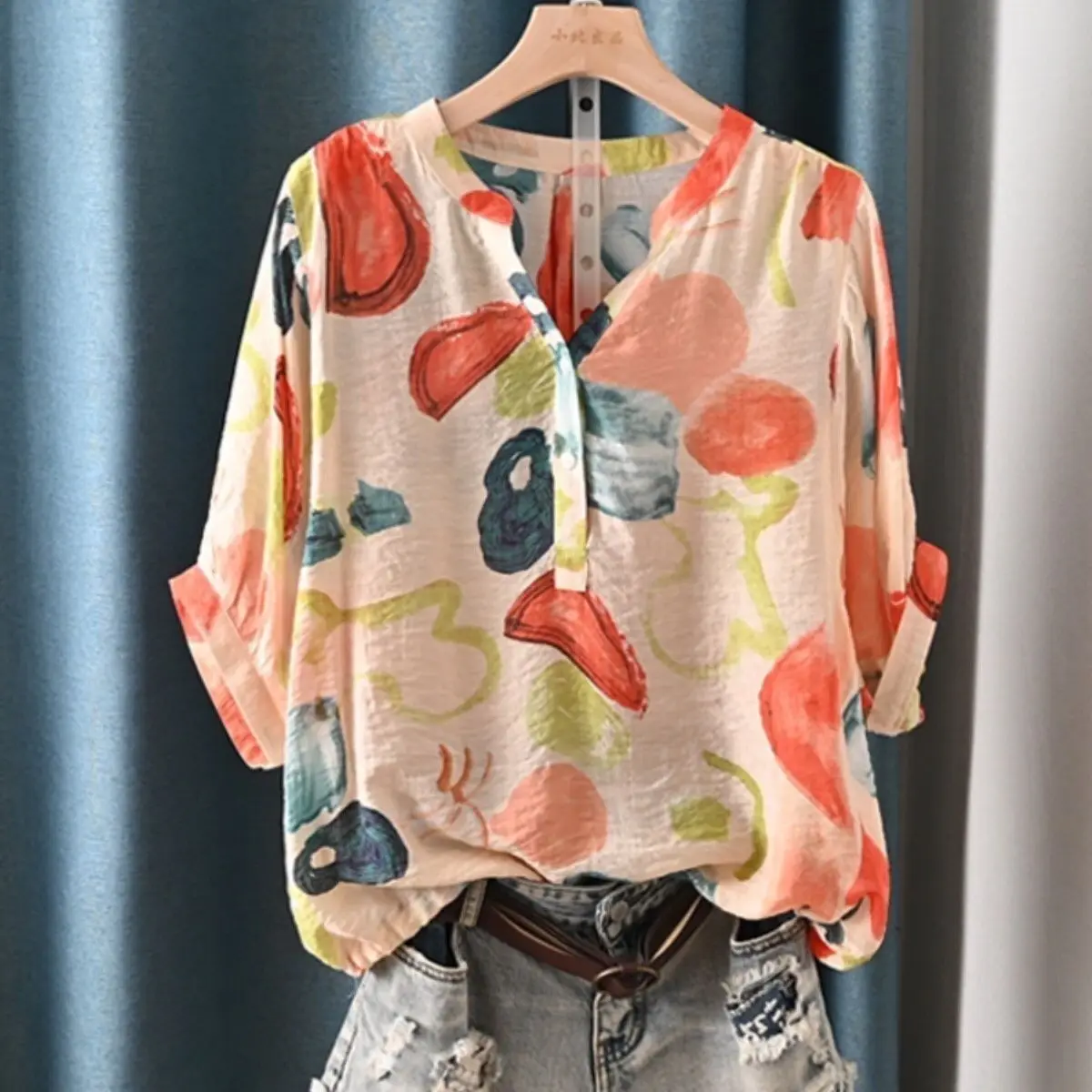 Abstract Printed V Neck Loose Fit Blouse For Women Casual Summer Style With Hand Painted Pattern Three Quarter Sleeve Top