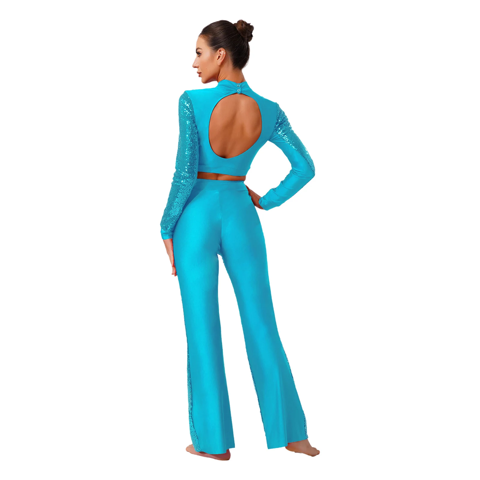 

Women Jazz Dance Shiny Sequin Sets Latin Tango Disco Dancewear Long Sleeves Crop Tops and Flared Pants Suit for Rock Music Stage