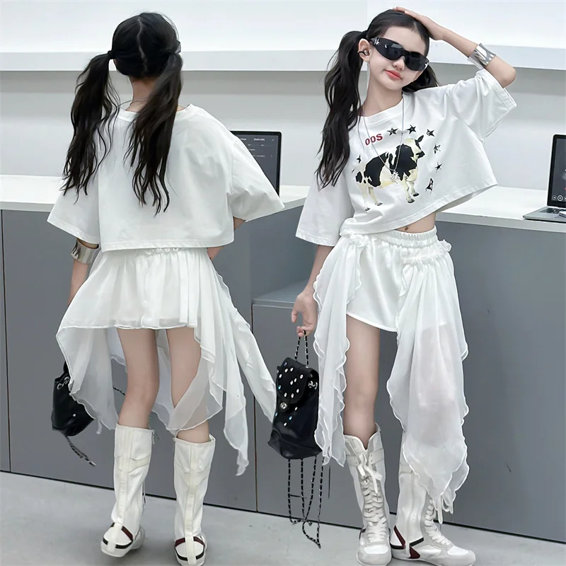 

Teens Girls Clothing Sets Fashion Jazz Hip Hop Cartoon Top+Asymmetric Skirt Two Pieces Suits For Kids Summer Streetwear Outfits