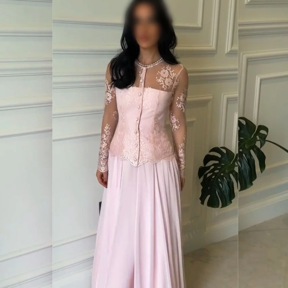 

Customized Elegant Lace Long Sleeves A-line Pink Long Dresses Grace Formal Evening Dress Bespoke Occasion Party Gown