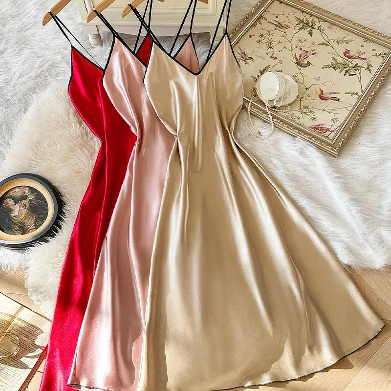 

Lady Nighty Gown Summer Chemise Nightgown Sleepwear Nightie Nightwear Female Sexy Strap Nightdress Satin Home Wear Clothes d'4o