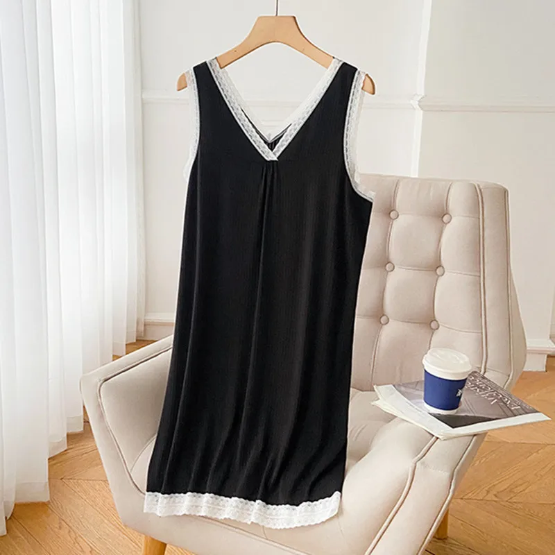 Loose Modal Lace Comfortable Night Dress Women Nightshirt New V Neck Sleeveless Sexy Nightgowns Female Sleepwear Dresses