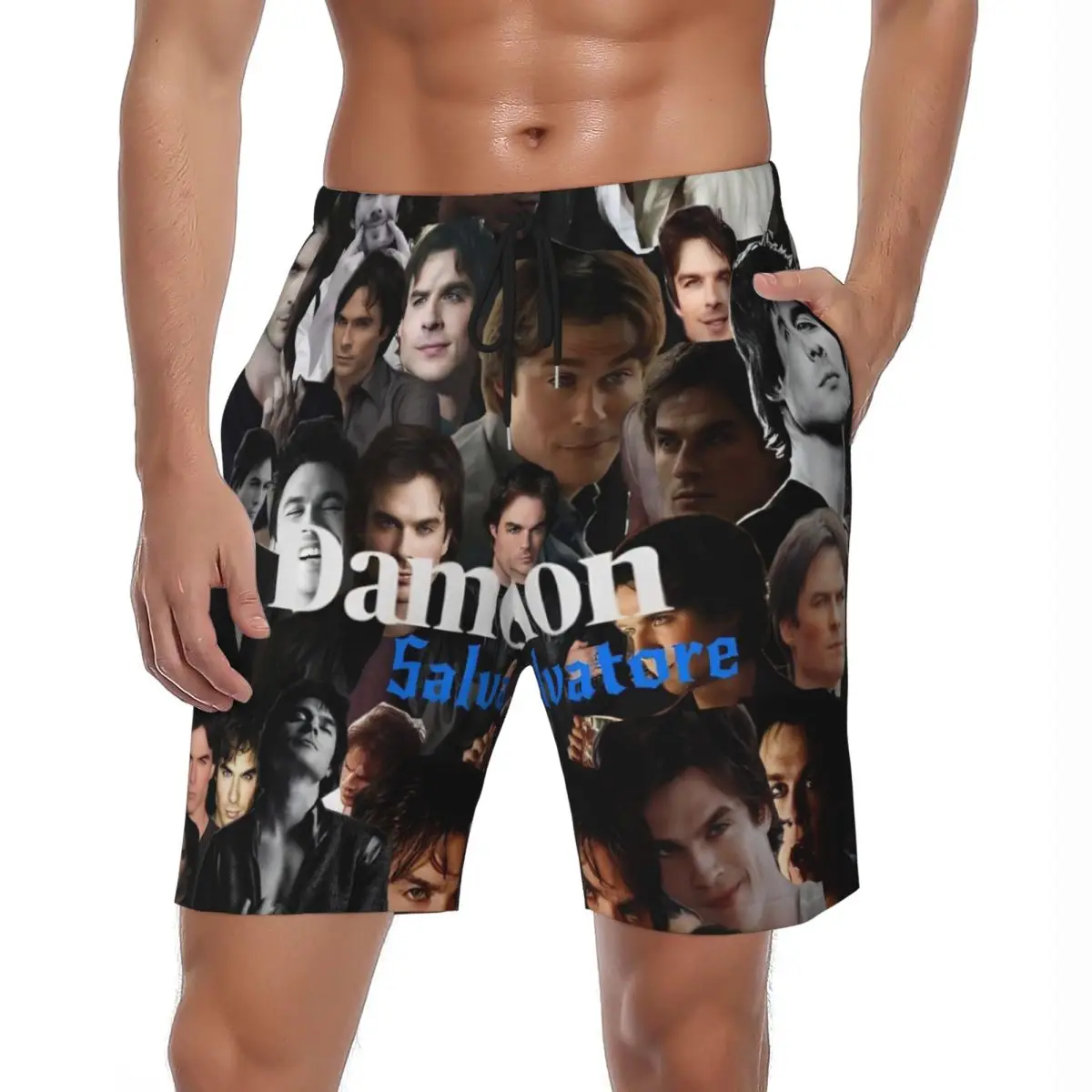 

Men's Board Shorts The Vampire Diaries Damon Salvatore TV Series Casual Beach Trunks Fast Dry Running Surf Board Short Pants
