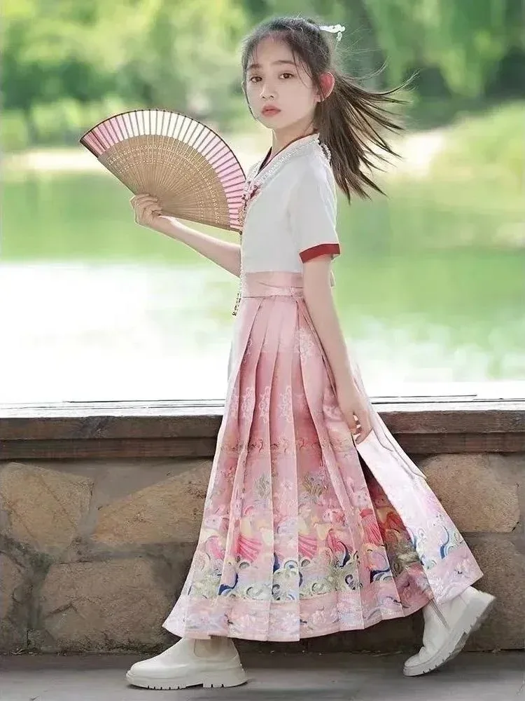 2024 Chinese Traditional Costume Horse Face Skirt for Girls Summer Childrens Ancient Clothing Hanfu Suit National Style Daily