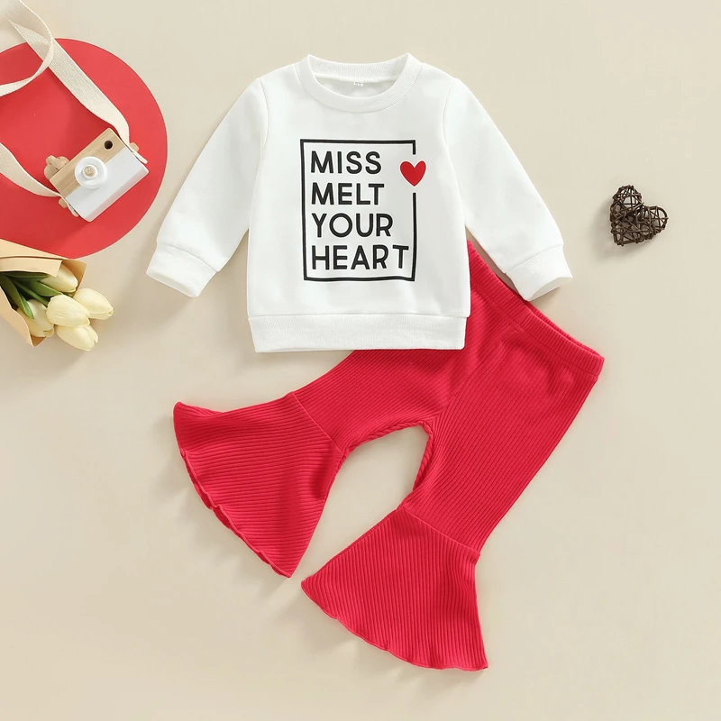 2022-11-17 Lioraitiin 0-3Years Baby Girls Valentines Day Set Long Sleeve Letters Heart Print Sweatshirt Elastic Waist Flare Pant