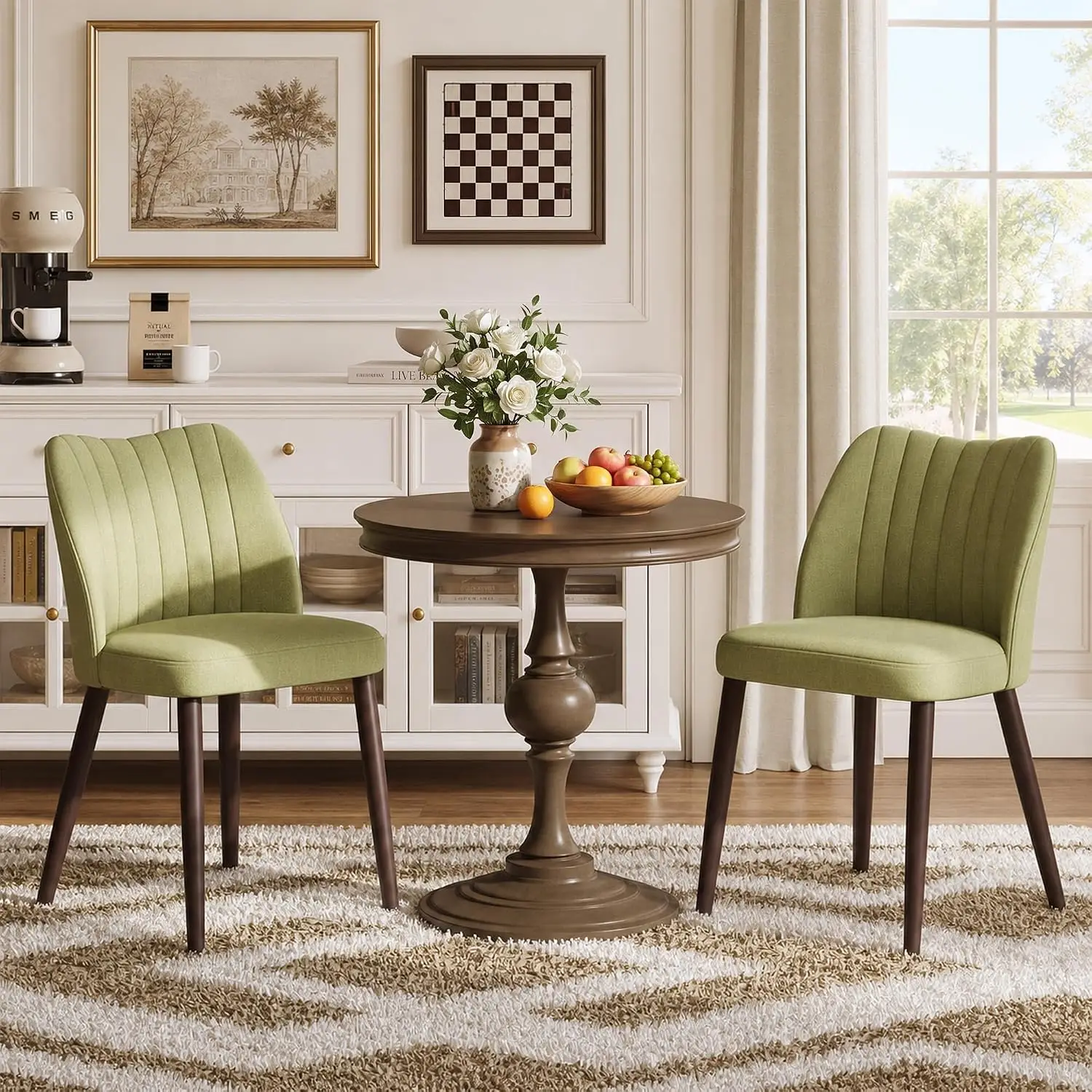 Upholstered Dining Chairs Set of 2, Modern Fabric Dining Chairs with Curved Backrest & Solid Rubber Wood Legs, Padded Kitchen Dining Room Chairs for Restaurant Cafe, Green