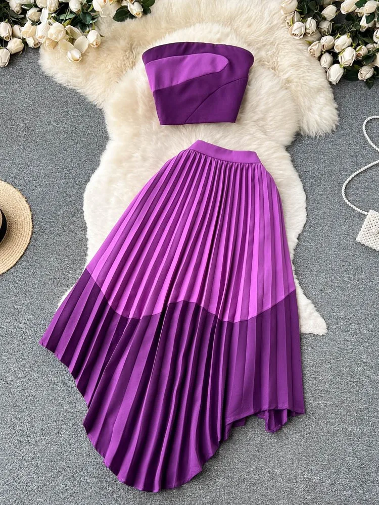 Women Strapless Sexy Skirt Sets Contrasting Slim Short Top & Pleated Midi Skirt Suits Summer Fashion Female Two Pieces Suits