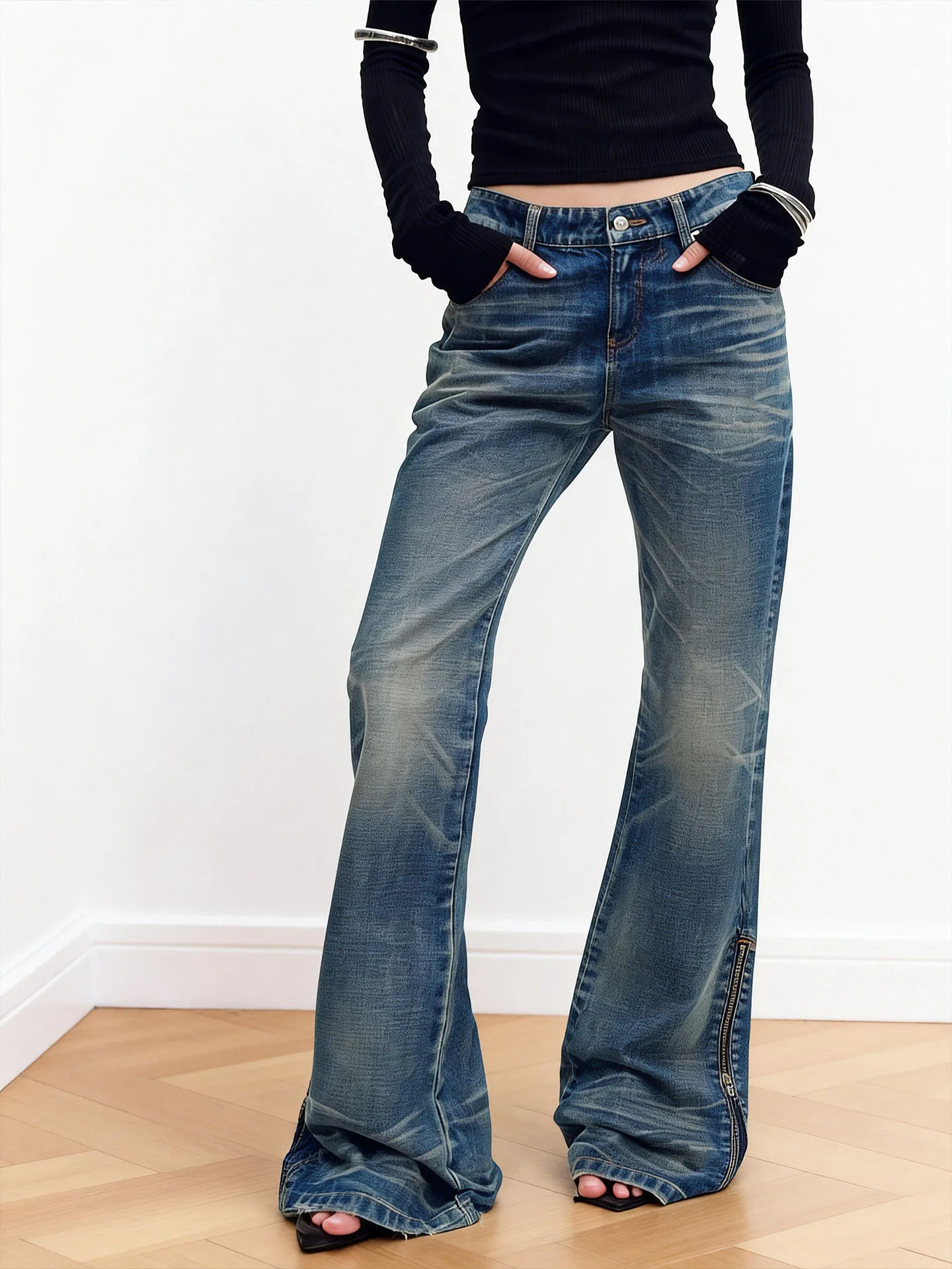 

Американские ретро-джинсы слим-фит синего цвета для женщин, новые весенние длинные брюки с высокой талией, расклешенные, повседневные, однотонные, с низкой посадкой