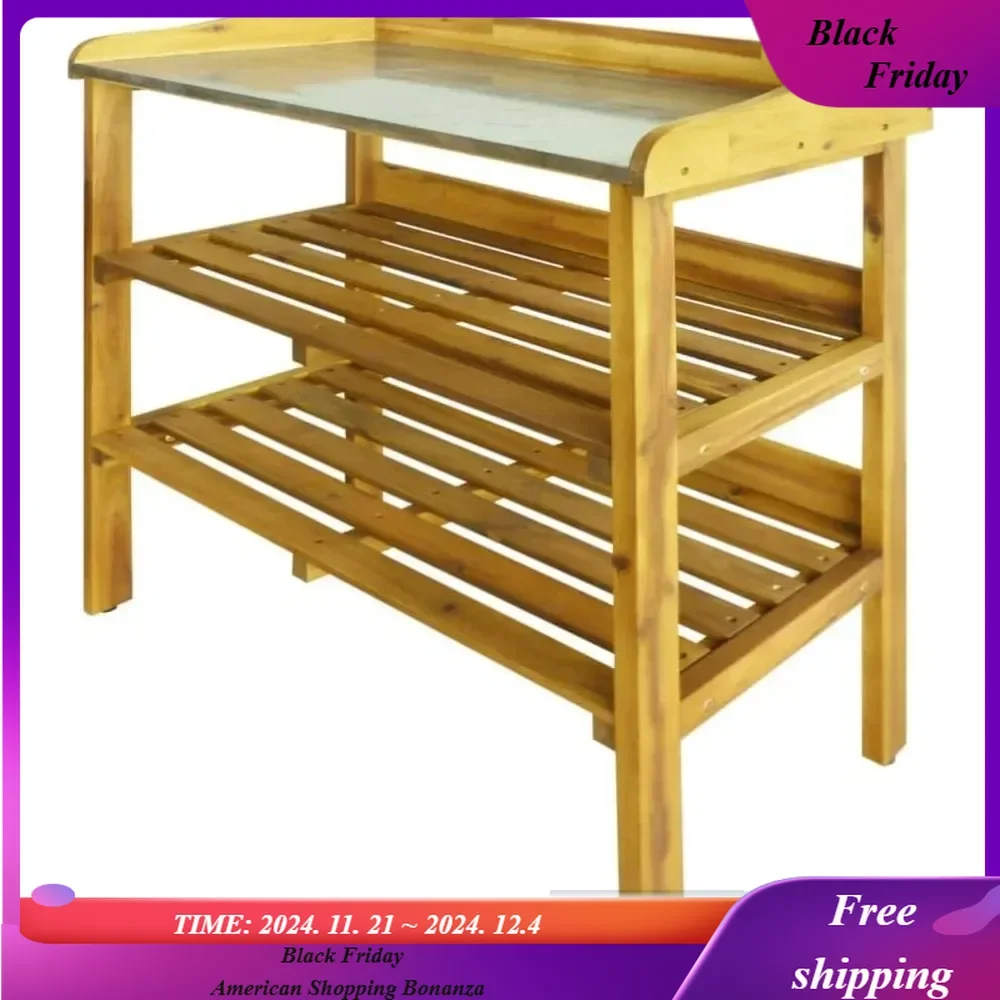 Potting Bench  Multipurpose Solid Acacia Wood  Weather Resistant with Zinc Tabletop  Easy Assembly  2 Shelves - Indoo