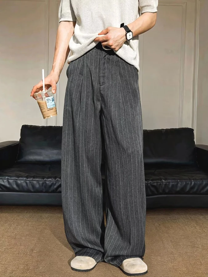 

Loose Men's Khaki Pants American Style Casual Workwear Straight Leg Trousers Vintage Vertical Stripes Knife Cargo Pants