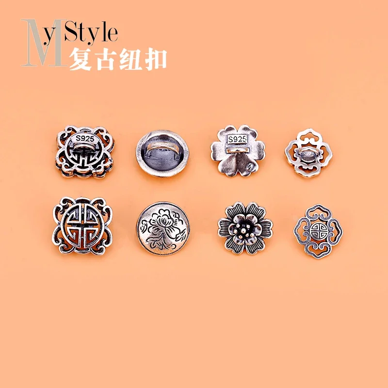 925 retro Thai silver jewelry Shouzi peony button round pattern button hand string DIY Beaded material accessories