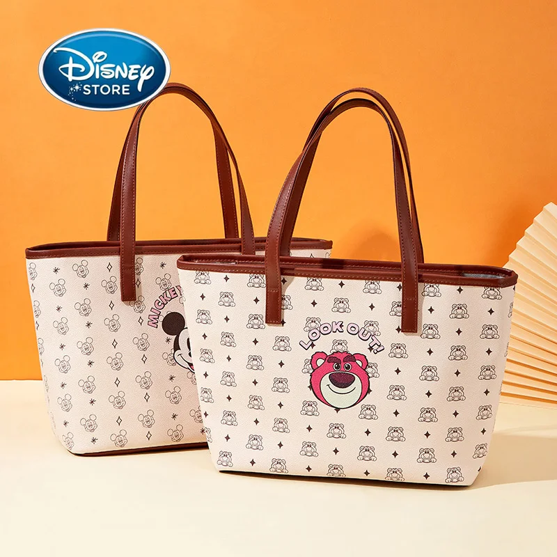 Disney Large Capacity Tote Bag Women Shoulder Bag Printed Cartoon Mickey Mouse Versatile Zipper Portable Storage Bags