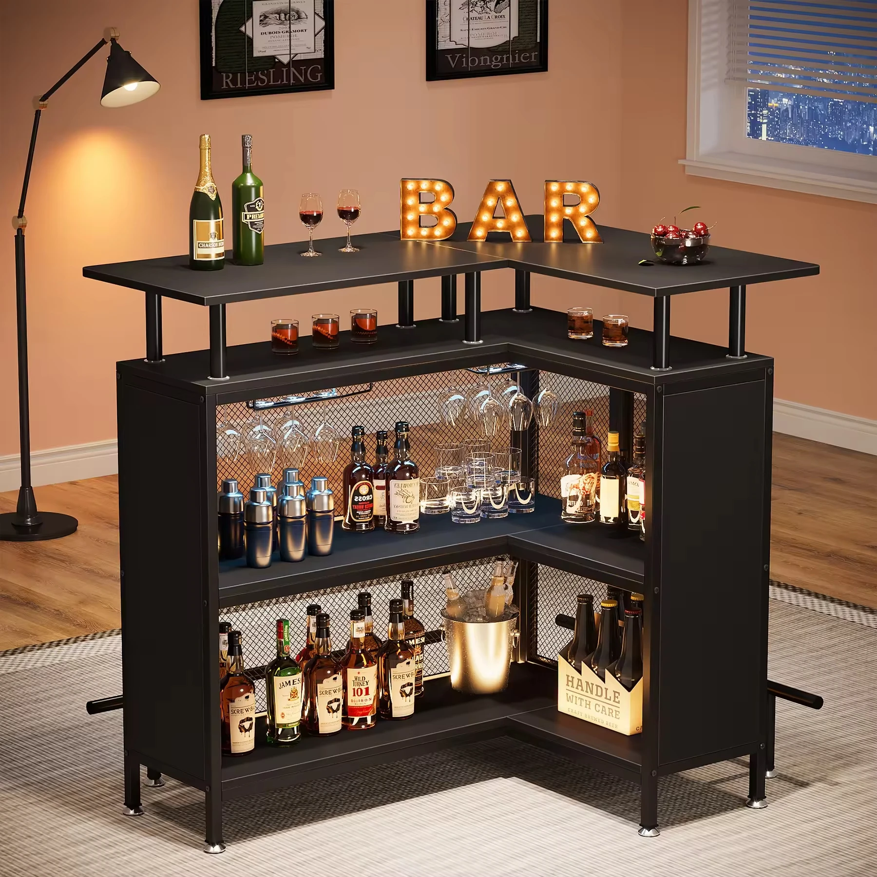 

L-Shaped Bar Table with Multi-Layer Storage Industrial Style Wood Metal Construction Wine Glass Rack for Home Bar