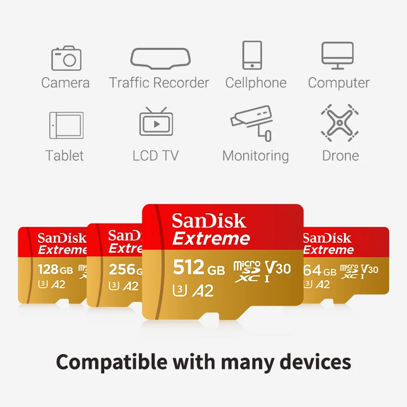 Sandisk Microsd Kaart Extreme A2/A1 V30 U3 Microsdxc Flash Geheugen 32Gb 64Gb 128Gb 256Gb 512Gb 1Tb Microsd Kaart 190 Mb/s Tf Kaart