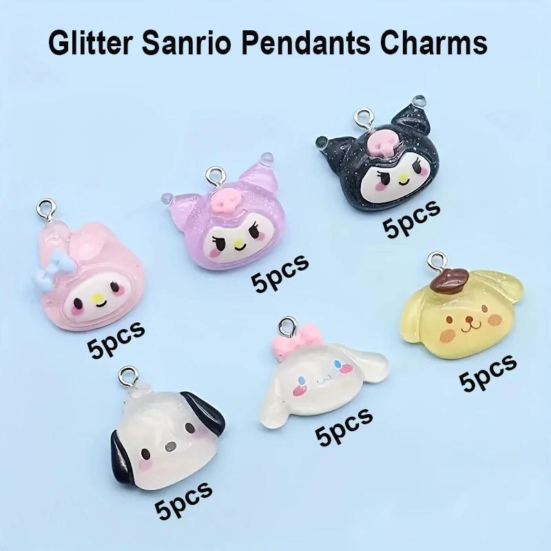 30pcs Mixed Kawaii Hello Kitty Nail Charm Cartoon Resin KT Cat Head My Melody Kuromi Rhinestones with Hook Manicure Decoration