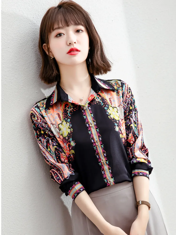 #3179 Satin Shirt Women Regular Fit Vintage Floral Printed Long Sleeve Shirts Female Korean Fashion Spring Womens Shirts Elegant